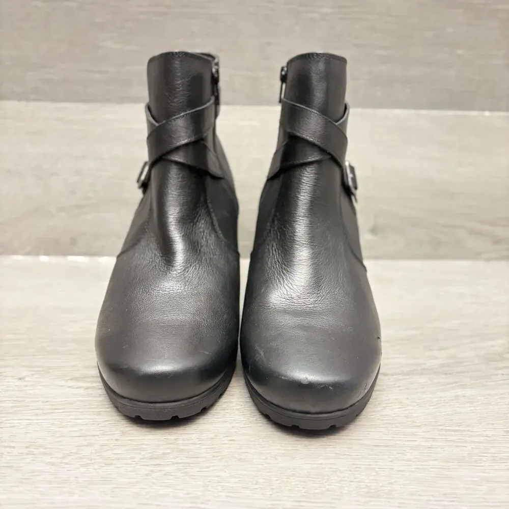 Abeo Wedge Booties Black Leather Buckle Comfort Side Zip Ankle Boots Size 10.5M
